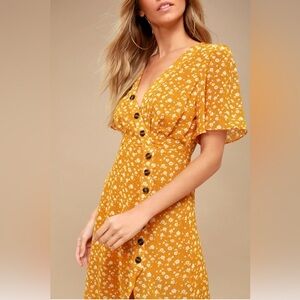 Lulus After-Bloom Delight Golden Yellow Floral Midi Dress Sz S